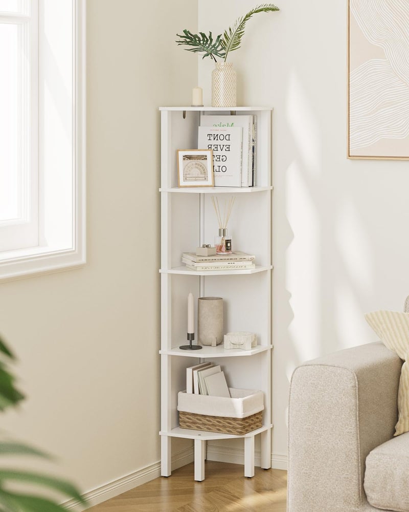 Apetaccat Corner Shelf, 5 Tier Corner Bookshelf, Display Corner Shelf Stand with Storage Rack, Wall Corner Bookshelf for Living Room, Bedroom, Office, White - Image 1