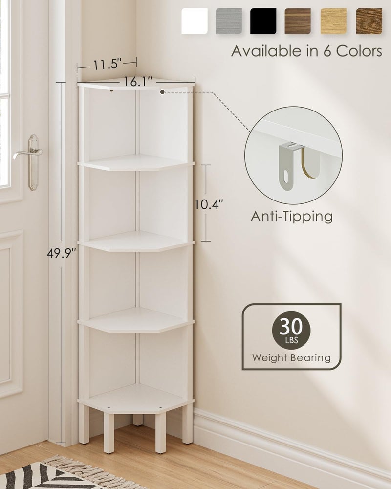 Apetaccat Corner Shelf, 5 Tier Corner Bookshelf, Display Corner Shelf Stand with Storage Rack, Wall Corner Bookshelf for Living Room, Bedroom, Office, White - Image 3