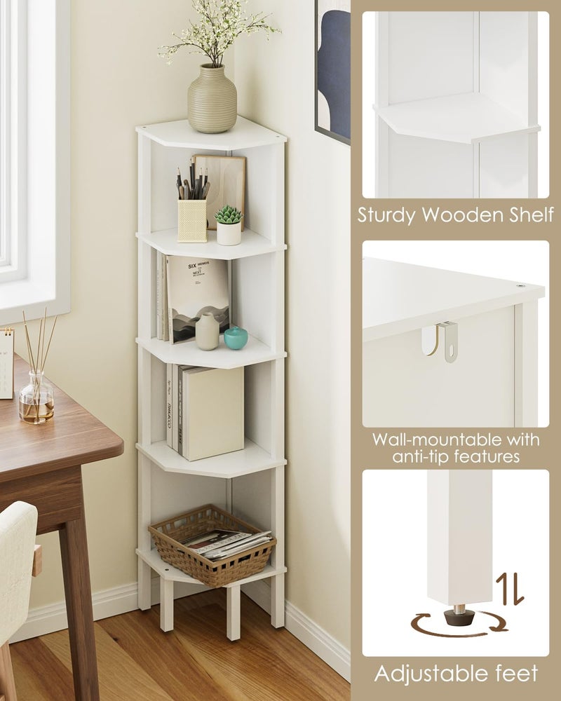 Apetaccat Corner Shelf, 5 Tier Corner Bookshelf, Display Corner Shelf Stand with Storage Rack, Wall Corner Bookshelf for Living Room, Bedroom, Office, White - Image 5