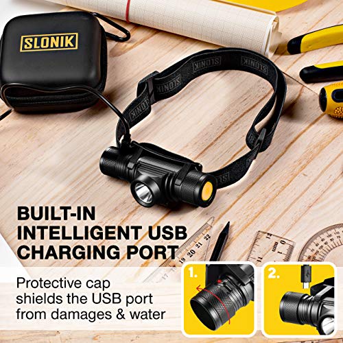SLONIK Rechargeable Headlamp Flashlight - 500 Lumens Ultra Bright Headlight - IPX4 Waterproof Head Lamp Light for Outdoor Running, Hiking Gear, Hard Hat Helmet - Camping Accessories for Adults, Black - Image 5