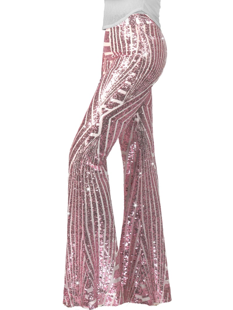Nawgut Sequin Flare Pants Sparkly Glitter High Waisted Bell Bottom Trousers Disco Party Clubwear for WomenLarge Light Pink