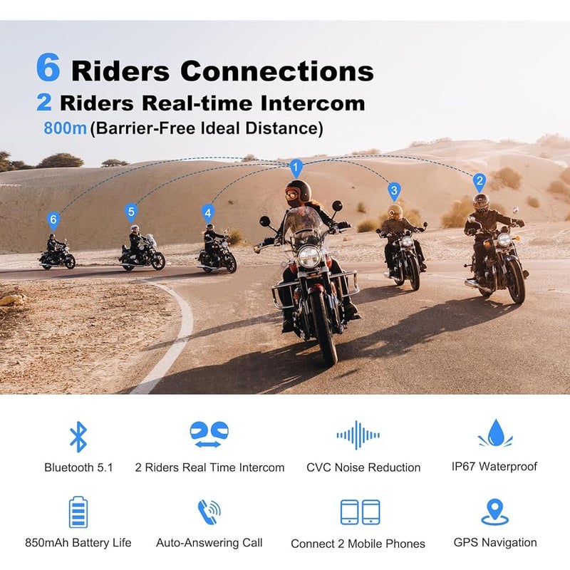 EJEAS V6 Pro Motorcycle Bluetooth Headset, 2 Riders Intercom Bluetooth 5.1 Helmet Communication System with Hands-Free Call and Noise Reduction for Motorcycling Skiing and Climbing (2 Pack) - Image 2