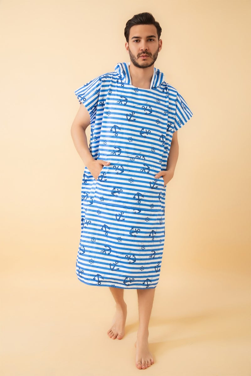 Vevien Home Anchor Pattern Adult Surf Summer Poncho Hooded Beach Towel Beach Dress L Size - Image 1