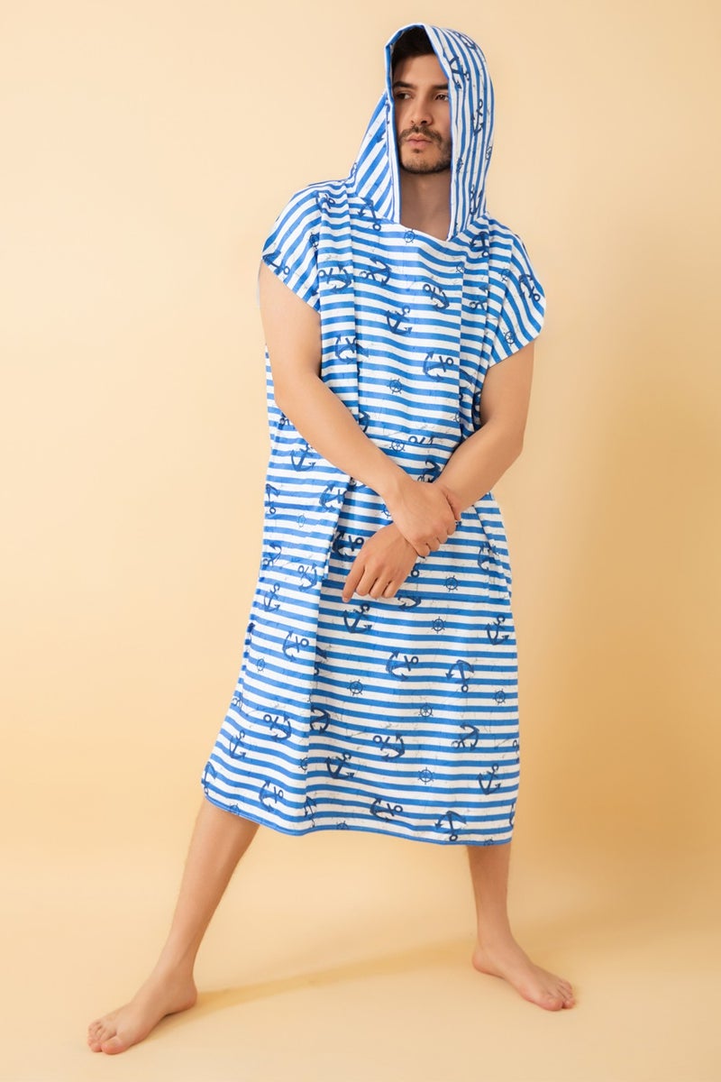 Vevien Home Anchor Pattern Adult Surf Summer Poncho Hooded Beach Towel Beach Dress L Size - Image 3