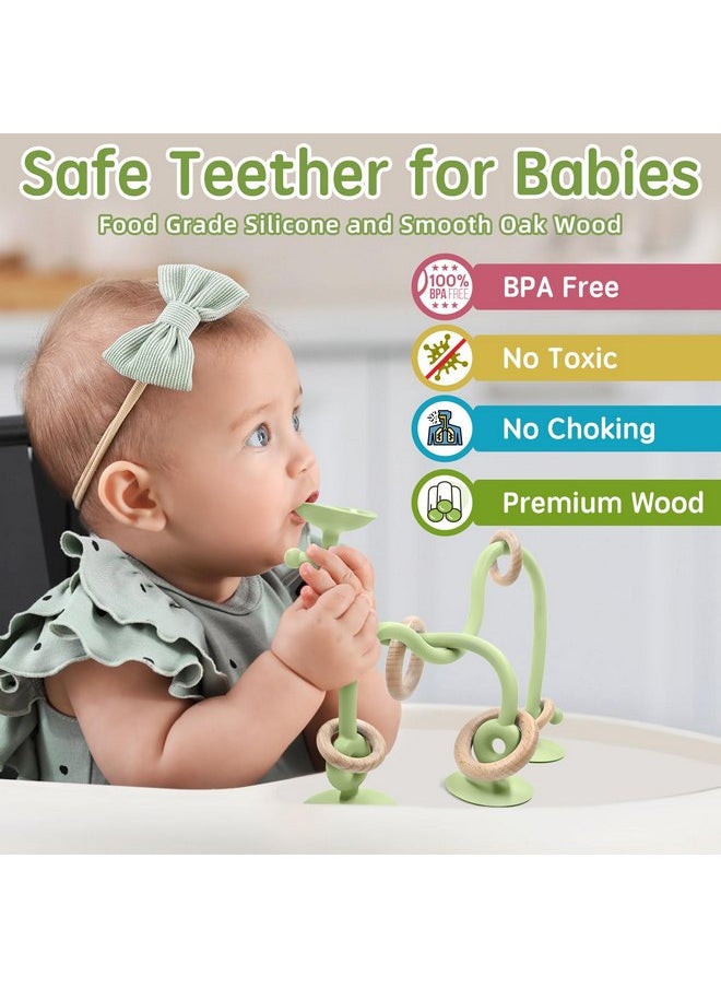 AiTuiTui - Baby Sensory Teething Chew High Chair Suction Toys for Infant Toddlers 6 12 18 24 Months, Food Grade Silicone Teether with Oak Loop Montessori Educational Baby Bath Toy Gifts (Green) - Image 1
