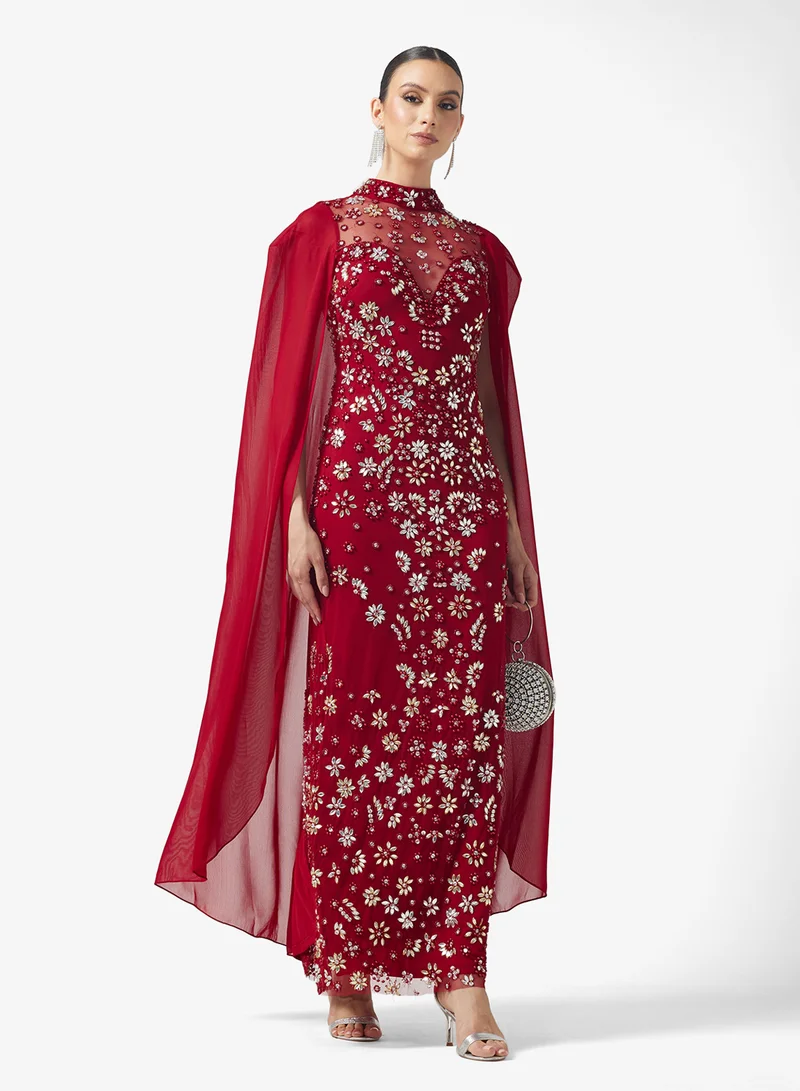 Amelia Rose Cape Sleeve Embellished Maxi Dress