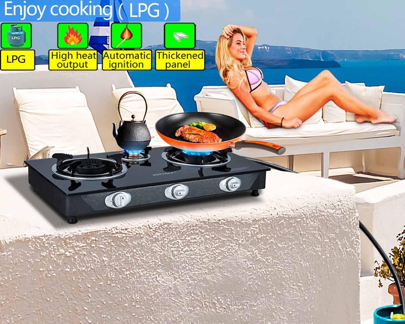 Horynar Propane Stove 3 Burner, Propane Burner, Auto Ignition, Gsa Stove 28,000 BTU,Thickened High-temperature Glass, Easy to Clean, with CSA Hose for Outdoor Cooking, RV, Emergency - Image 2