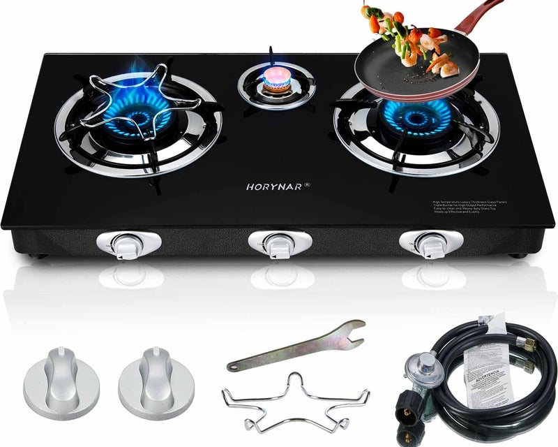 Horynar Propane Stove 3 Burner, Propane Burner, Auto Ignition, Gsa Stove 28,000 BTU,Thickened High-temperature Glass, Easy to Clean, with CSA Hose for Outdoor Cooking, RV, Emergency - Image 1