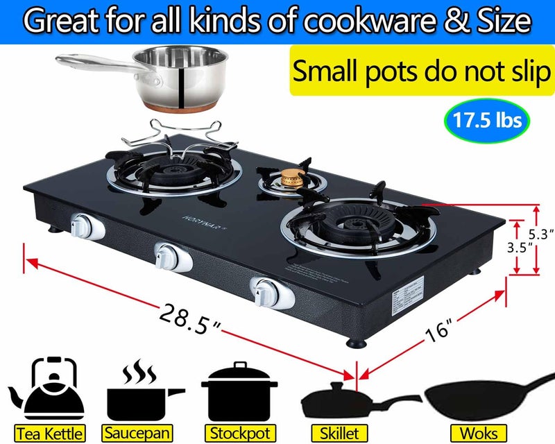 Horynar Propane Stove 3 Burner, Propane Burner, Auto Ignition, Gsa Stove 28,000 BTU,Thickened High-temperature Glass, Easy to Clean, with CSA Hose for Outdoor Cooking, RV, Emergency - Image 4
