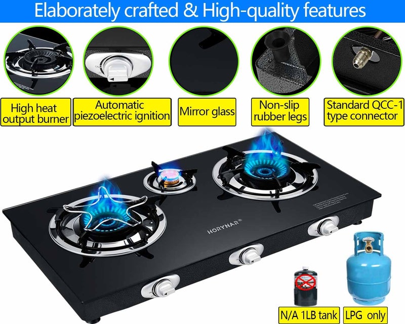 Horynar Propane Stove 3 Burner, Propane Burner, Auto Ignition, Gsa Stove 28,000 BTU,Thickened High-temperature Glass, Easy to Clean, with CSA Hose for Outdoor Cooking, RV, Emergency - Image 5