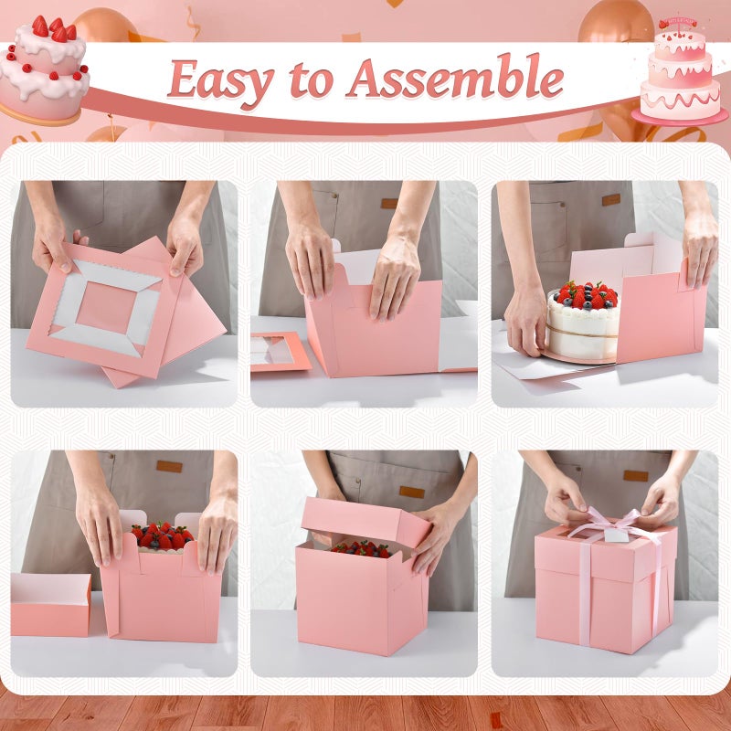 DOYIDE 24Pcs 8x8x8 Inch Cake Boxes, 12pcs Pink Bakery Boxes with Window (12pcs Cake Boards), Square Cake Carrier Container Disposable Pie Boxes Package for Bake Decorating Supplies - Image 4