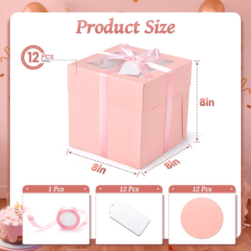 DOYIDE 24Pcs 8x8x8 Inch Cake Boxes, 12pcs Pink Bakery Boxes with Window (12pcs Cake Boards), Square Cake Carrier Container Disposable Pie Boxes Package for Bake Decorating Supplies - Image 3