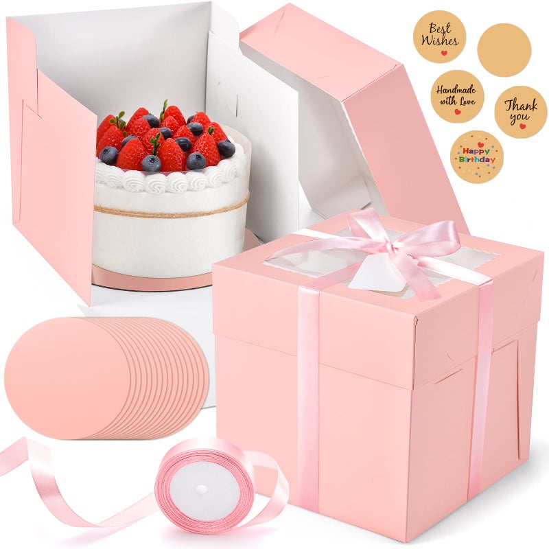 DOYIDE 24Pcs 8x8x8 Inch Cake Boxes, 12pcs Pink Bakery Boxes with Window (12pcs Cake Boards), Square Cake Carrier Container Disposable Pie Boxes Package for Bake Decorating Supplies - Image 1