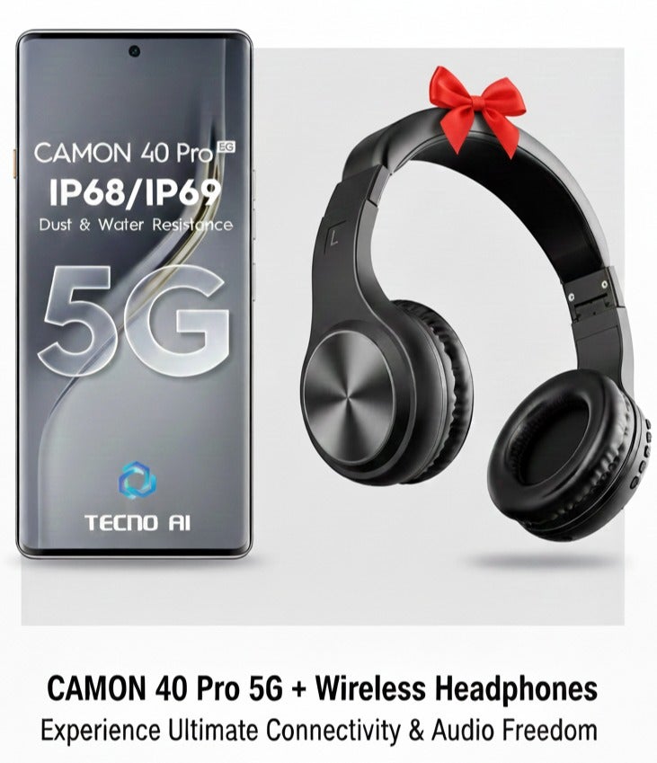 TECNO كامون 40 برو ثنائي الشريحة تيتانيوم رملي 12 جيجابايت رام 256 جيجابايت 5G - نسخة الشرق الأوسط و سماعات ريفر سونغ ريثم L EA33 اللاسلكية والسلكية - بلوتوث 5.0، كابل صوت 3.5 مم، بطارية 500 مللي أمبير، حتى 10 ساعات من وقت التشغيل، صوت عالي الجودة - حزمة سوداء - Image 1