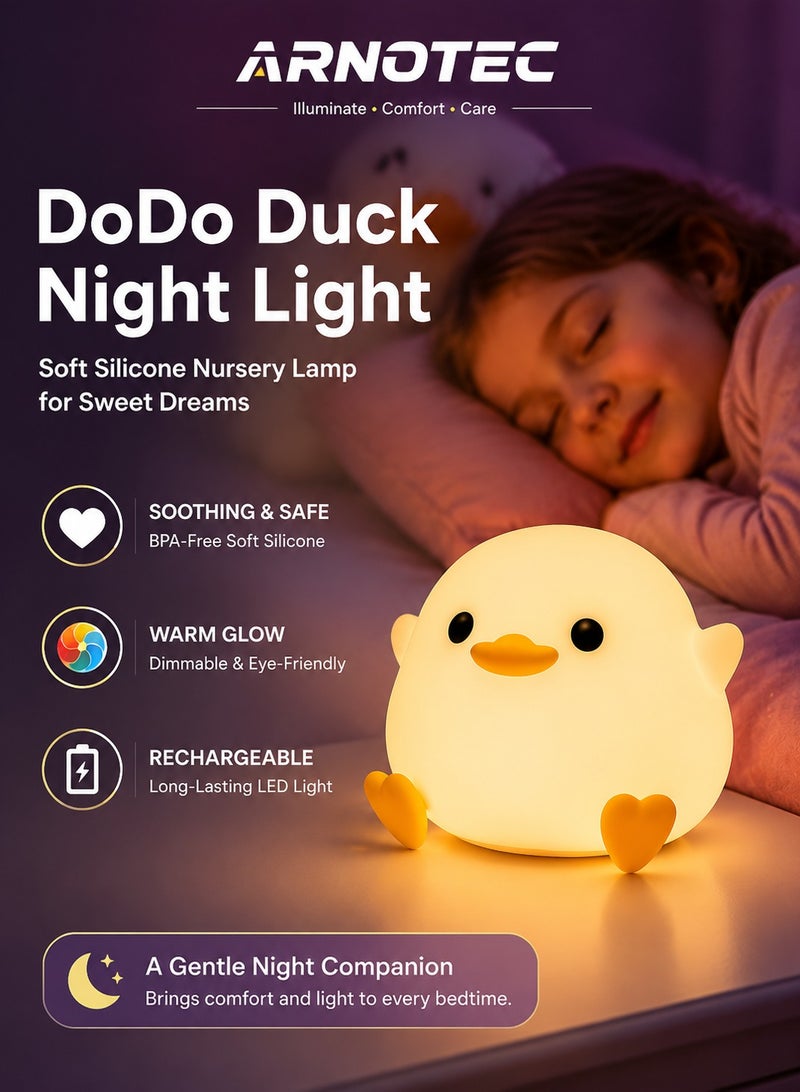ARNOTEC DoDo Duck Night Light for Kids – Soft Silicone Nursery Lamp, Rechargeable LED Bedside Light with Touch Control, 20-Minute Timer, Dimmable Warm Glow, BPA-Free Safe Sleep Light Gift for Babies, Boys & Girls - Image 1