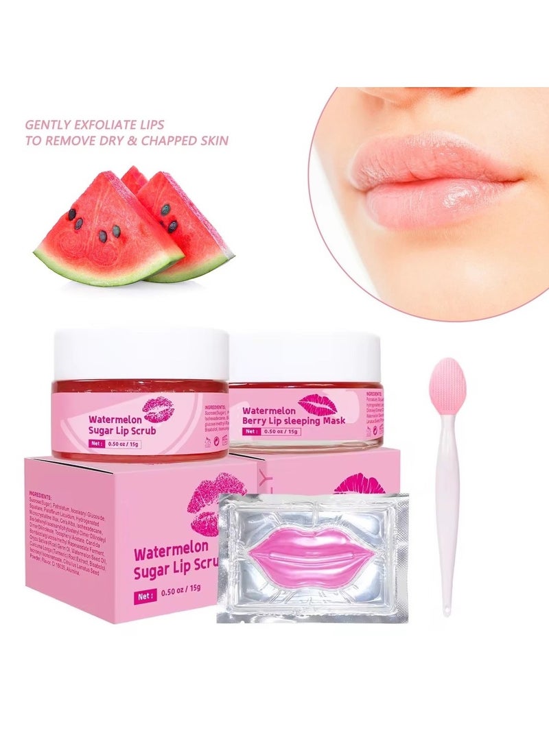 Generic Korean Lip Care 4 in 1 Set Contains Overnight Moisturizing Lip Balm, Double Sided Silicone Brush, Watermelon Sugar Lip Exfoliating Scrub, And Hydrating Collagen Jelly Sheet Lip Mask For Full, Soft, Lu  - Image 1