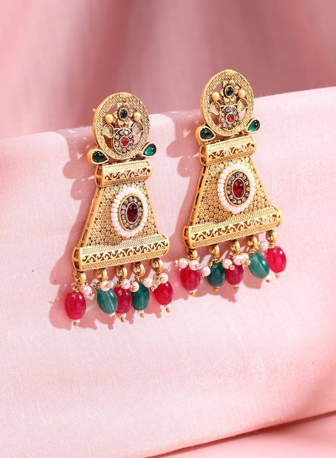 ADIVA 22K Gold-Plated Kundan & Glossy Light Peach Pearls and Beads Designer Chandbali Earrings Set for women, Traditional Stylish Jhumka for Girls Party, Wedding, Festive - Image 4