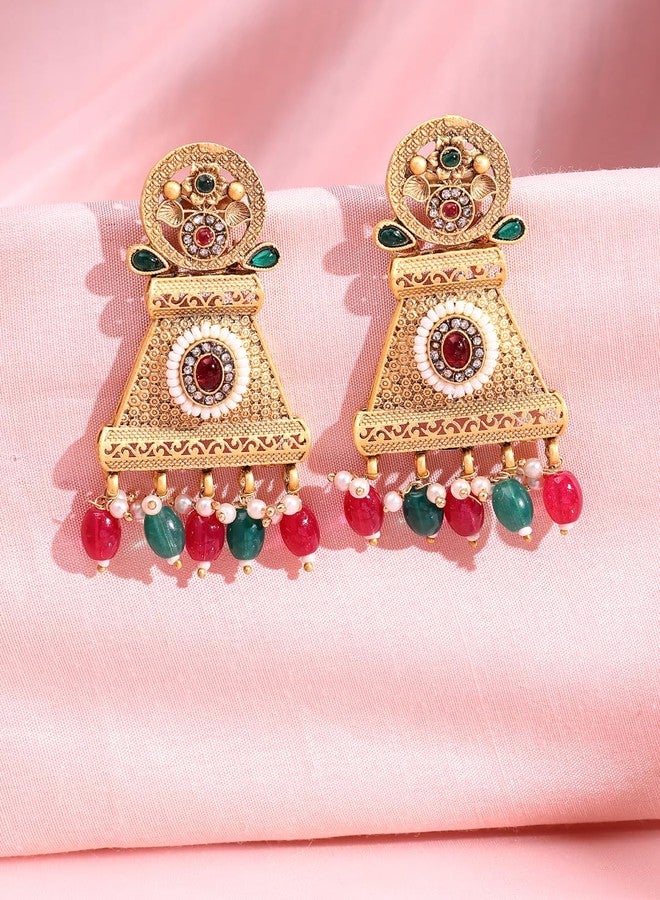 ADIVA 22K Gold-Plated Kundan & Glossy Light Peach Pearls and Beads Designer Chandbali Earrings Set for women, Traditional Stylish Jhumka for Girls Party, Wedding, Festive - Image 2