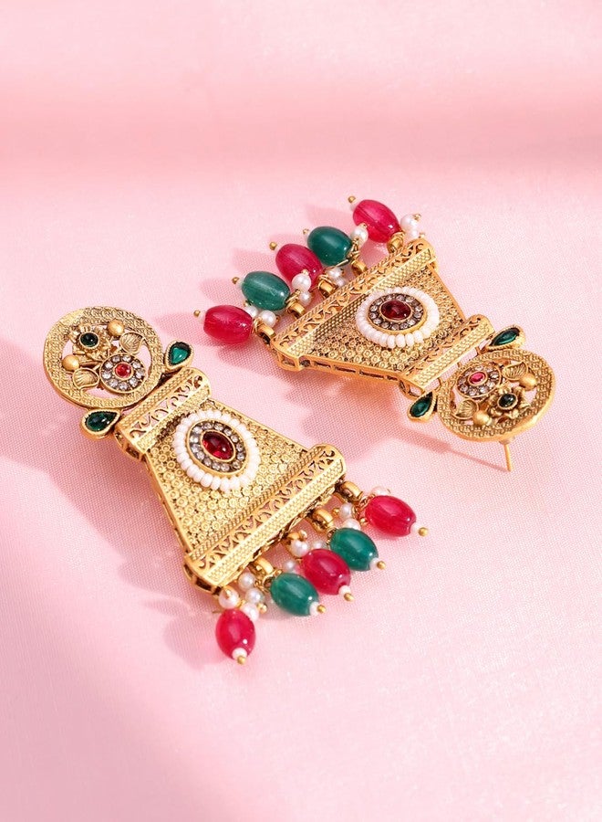 ADIVA 22K Gold-Plated Kundan & Glossy Light Peach Pearls and Beads Designer Chandbali Earrings Set for women, Traditional Stylish Jhumka for Girls Party, Wedding, Festive - Image 5