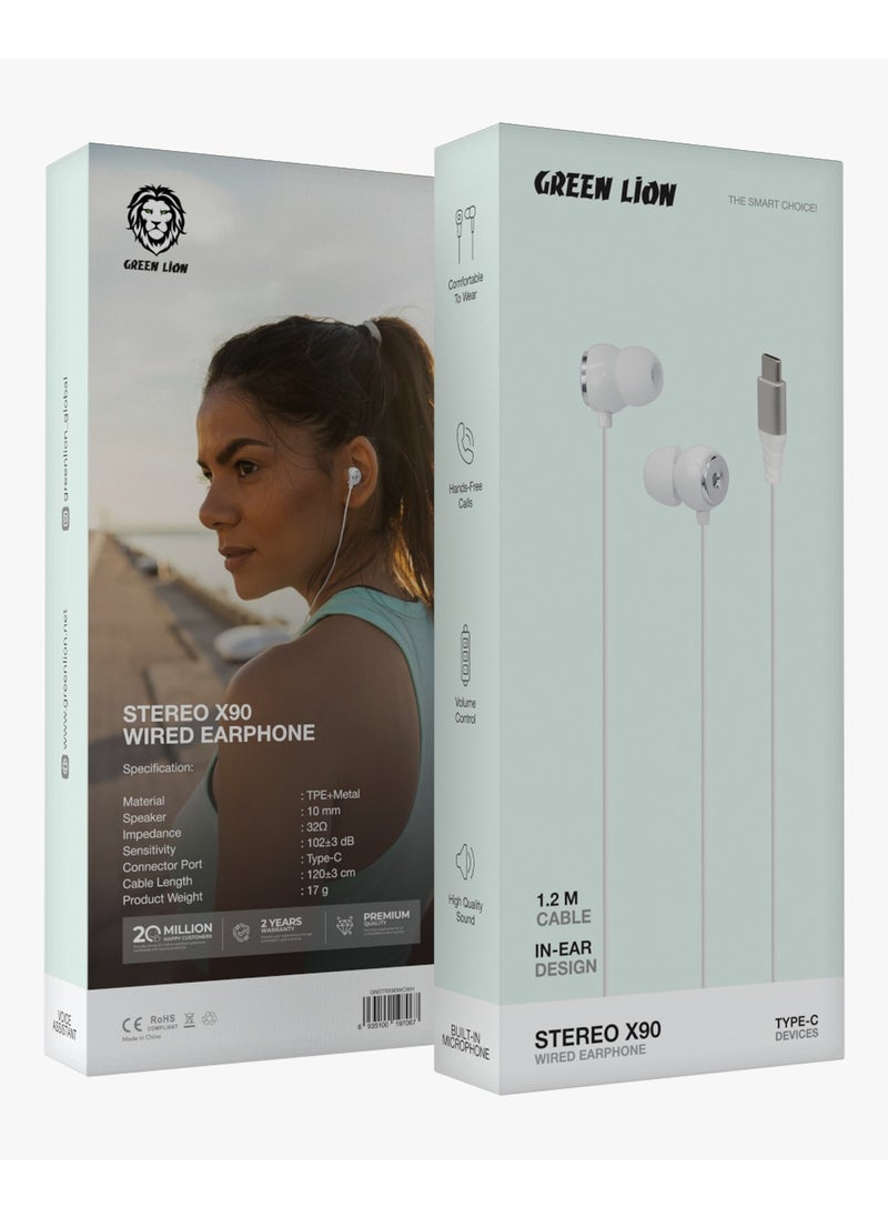 GREEN LION Wired Earphone Stereo X90 with Type-C Connector 1.2m and Built-In Microphone / Comfortable To Wear / Hands-Free Calls / Music / Volume Control / Voice Assistant / High Quality Sound - White  - Image 3