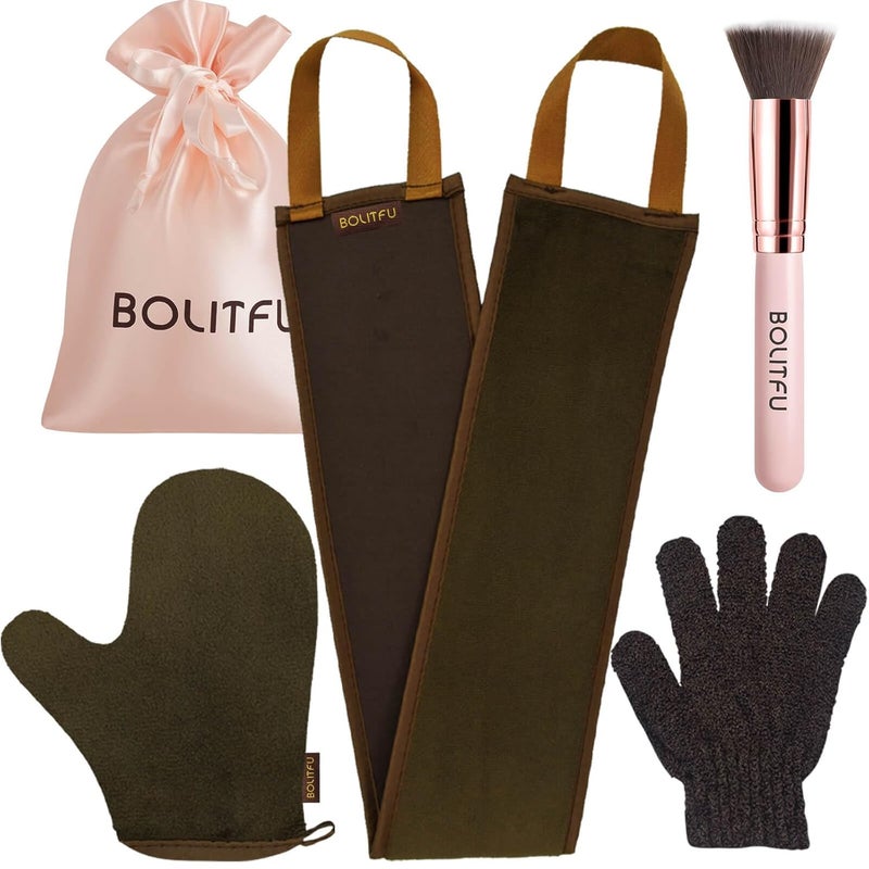 BOLITFU 4 Pack Self Tanning Mitt Applicator Kit with Self Tanner Mitt Self Tan Back Applicator Exfoliating Glove Flat Top Face Tanner Brush Tan mit for Self Sunless Tanner brown