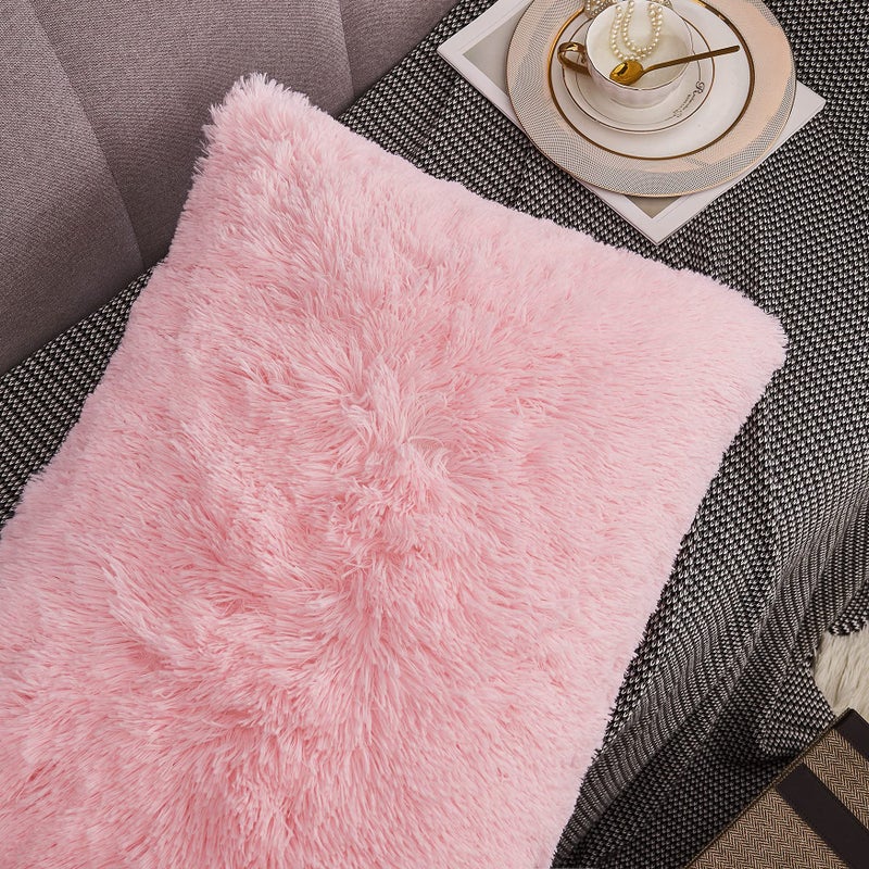 WERDIM WERDIM Shaggy Fluffy Faux Fur Pillowcases 2 Pack Button Closure Velvet Pillow Shams King Size (Pink  20 X 36 Inches)  - Image 4
