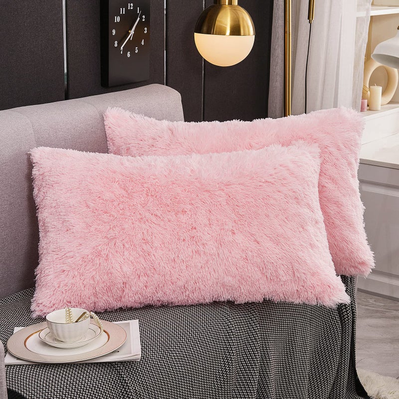 WERDIM WERDIM Shaggy Fluffy Faux Fur Pillowcases 2 Pack Button Closure Velvet Pillow Shams King Size (Pink  20 X 36 Inches)  - Image 1