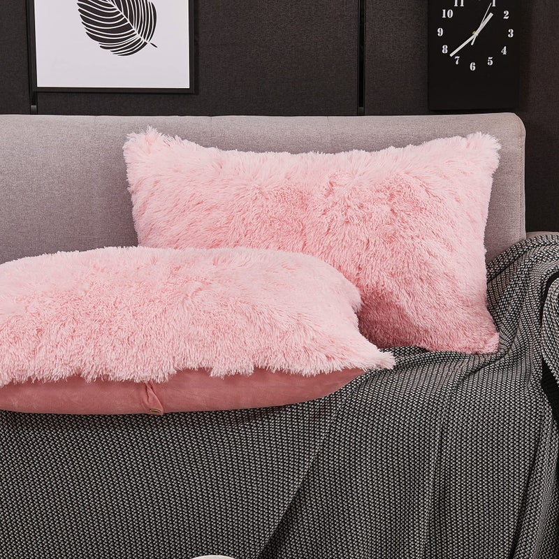 WERDIM WERDIM Shaggy Fluffy Faux Fur Pillowcases 2 Pack Button Closure Velvet Pillow Shams King Size (Pink  20 X 36 Inches)  - Image 3