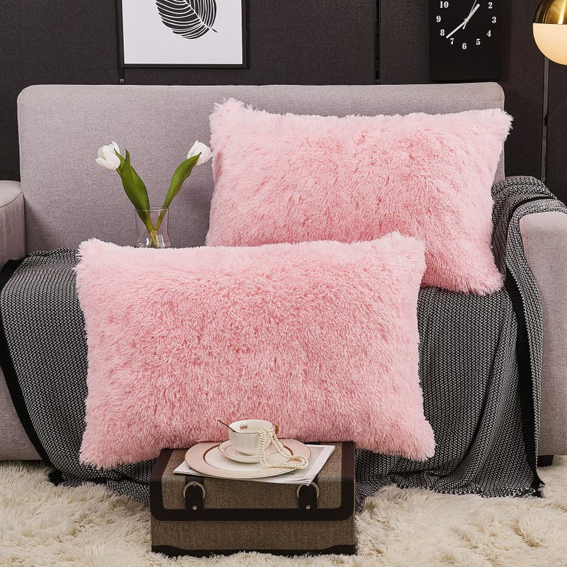 WERDIM WERDIM Shaggy Fluffy Faux Fur Pillowcases 2 Pack Button Closure Velvet Pillow Shams King Size (Pink  20 X 36 Inches)  - Image 2