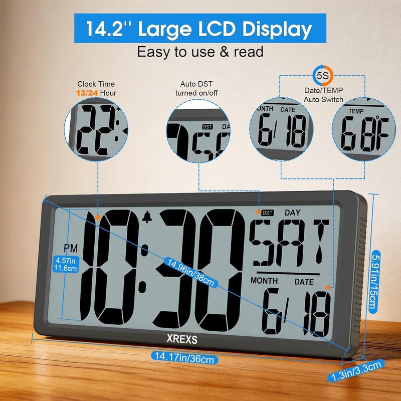 XREXS Large Digital Wall Clock, Battery Operated Alarm Clocks for Bedroom Home Decor, Count Up & Down Timer, 14.17 Inch Large LCD Screen with Time/Calendar/Temperature Display (Batteries Included) - Image 2