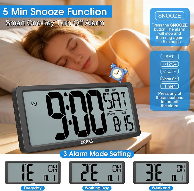 XREXS Large Digital Wall Clock, Battery Operated Alarm Clocks for Bedroom Home Decor, Count Up & Down Timer, 14.17 Inch Large LCD Screen with Time/Calendar/Temperature Display (Batteries Included) - Image 3