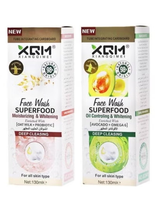 XQM Superfood Whitening Moisturizing With Oatmeal & Probiotic Facial Wash 130ml Plus XQM Oil Control Whitening Facial Wash Enriched with Avocado & Omega 6 - 130 ml - Image 1