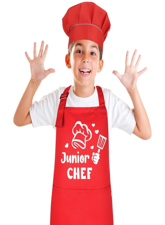 XLSXEXCL Kids Apron and Chef Hat Set, “Junior Chef” Apron Adjustable Child Apron Chef in Training Funny Apron with 2 Pockets for Boys and Girls(Red) - Image 1