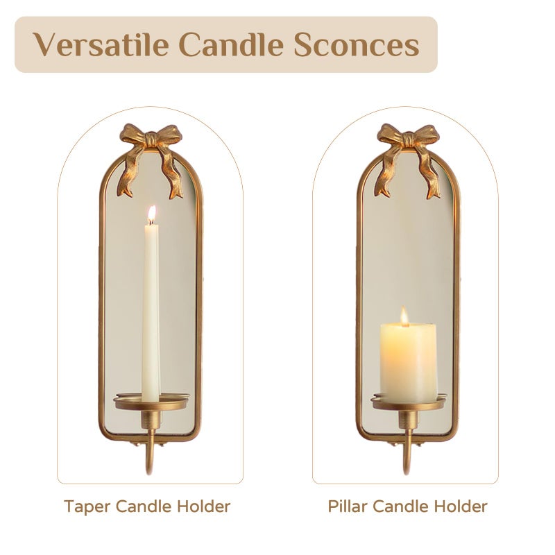 Walasis Gold Candle Sconces Wall Decor: Modern Decorative Wall Candle Holder Set of Two for Bedroom - Vintage French Metal Bow Mirror Sconces Beside Fireplace TV - Image 4
