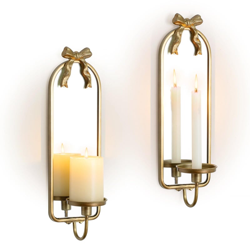 Walasis Gold Candle Sconces Wall Decor: Modern Decorative Wall Candle Holder Set of Two for Bedroom - Vintage French Metal Bow Mirror Sconces Beside Fireplace TV - Image 1