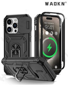 WAOKN Cover for IPhone 15 Pro 6.1 Inch Case 360° Full Body Protection Silicone Bumper  with Kickstand  Slide Camera Cover Hybrid Heavy Duty Hard Luxury Phone Sheel  - Image 1