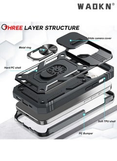 WAOKN Cover for IPhone 15 Pro 6.1 Inch Case 360° Full Body Protection Silicone Bumper  with Kickstand  Slide Camera Cover Hybrid Heavy Duty Hard Luxury Phone Sheel  - Image 2