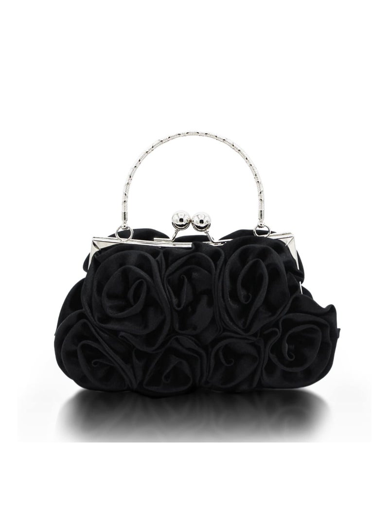 SYOSI Women Evening Clutch Bag Floral Satin Purses Detachable Strap Clutch Bag Floral Clutch Bag Detachable Strap Purses Floral Clutch Bag for Wedding, Party, Prom (Black)  - Image 1