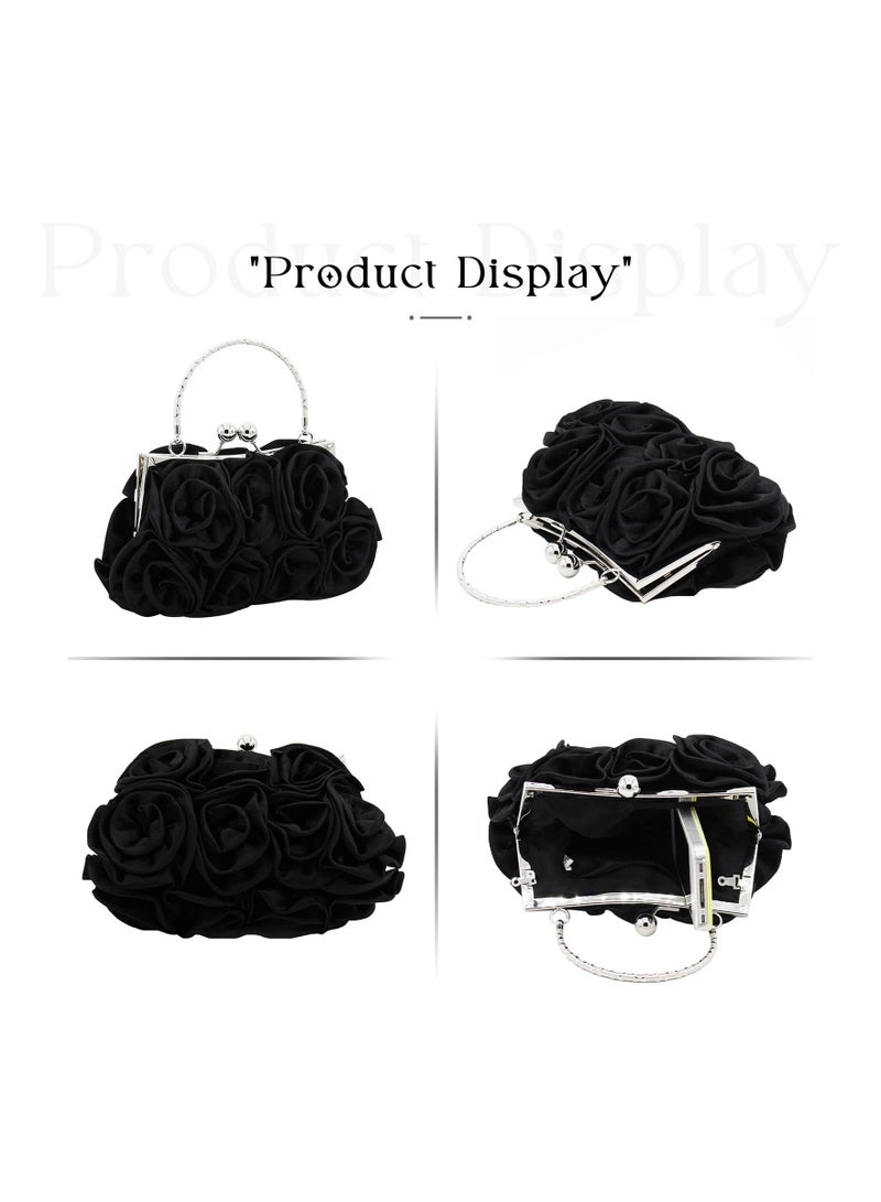 SYOSI Women Evening Clutch Bag Floral Satin Purses Detachable Strap Clutch Bag Floral Clutch Bag Detachable Strap Purses Floral Clutch Bag for Wedding, Party, Prom (Black)  - Image 2