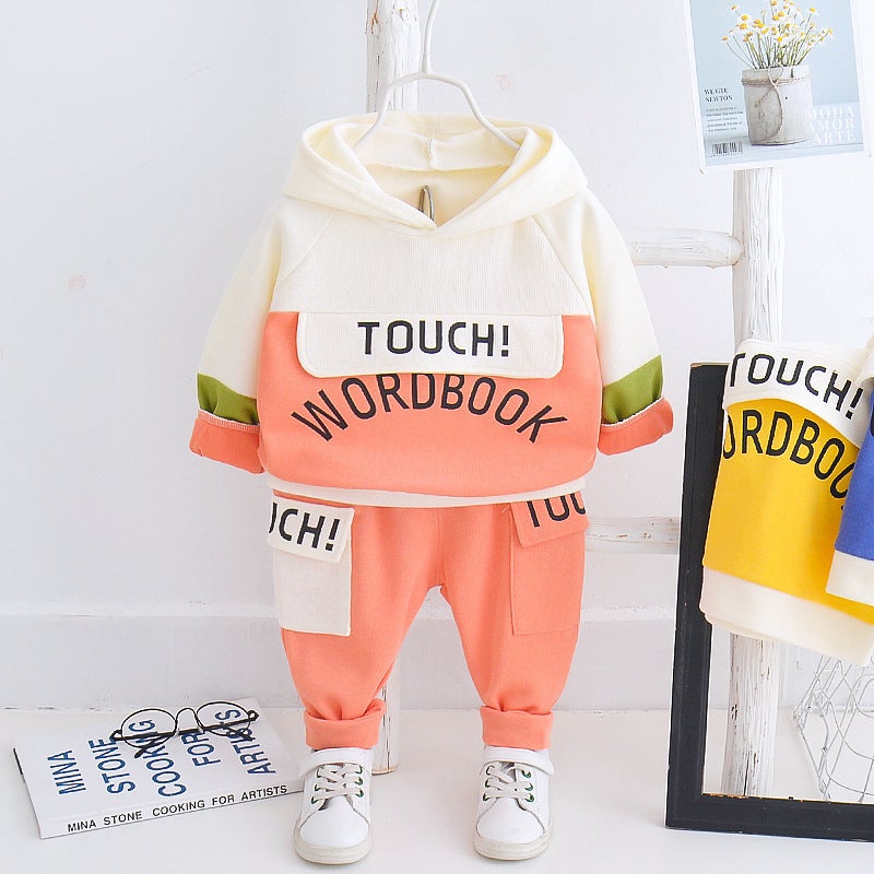 Boys Spring and Autumn new childrens sports leisure loose hoodie long-sleeved sweater childrens clothing two-piece set Wholesale touch Orange 