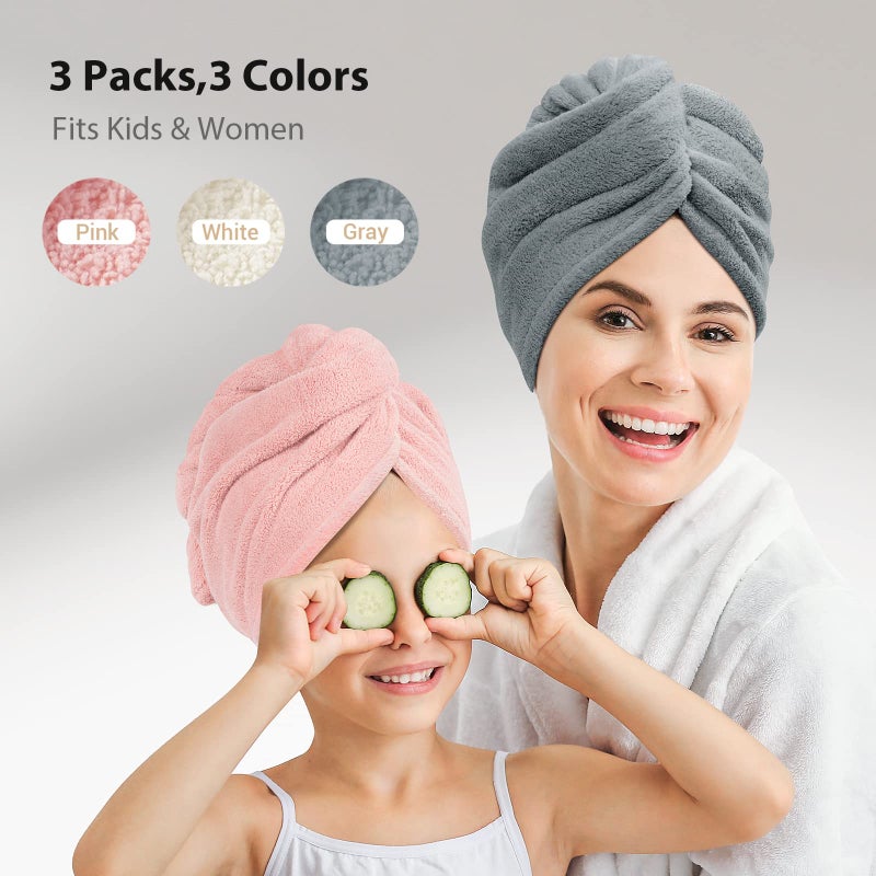 YFONG 3 Pack Microfiber Hair Towel Wrap for Women Girls, Super Absorbent Turban Towels for Drying Wet Hair, Anti Frizz Head Towels for Curly All Hair Style, Turbie Twist (Pink,White, Gray) - Image 5