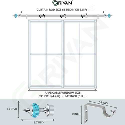 GRIVAN Stainless Steel 1 Inch Curtain Rod/Pipe, Blue Diamond curtain Knob/Finials and Curtain Support/Bracket For Window/Door Curtain Holder Set (66 Inch) - Image 2