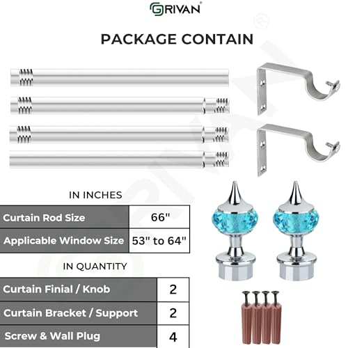 GRIVAN Stainless Steel 1 Inch Curtain Rod/Pipe, Blue Diamond curtain Knob/Finials and Curtain Support/Bracket For Window/Door Curtain Holder Set (66 Inch) - Image 5