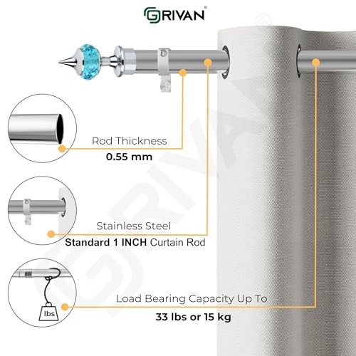 GRIVAN Stainless Steel 1 Inch Curtain Rod/Pipe, Blue Diamond curtain Knob/Finials and Curtain Support/Bracket For Window/Door Curtain Holder Set (66 Inch) - Image 3