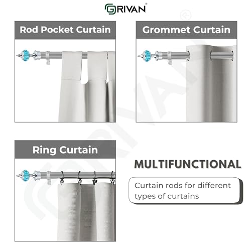 GRIVAN Stainless Steel 1 Inch Curtain Rod/Pipe, Blue Diamond curtain Knob/Finials and Curtain Support/Bracket For Window/Door Curtain Holder Set (66 Inch) - Image 4