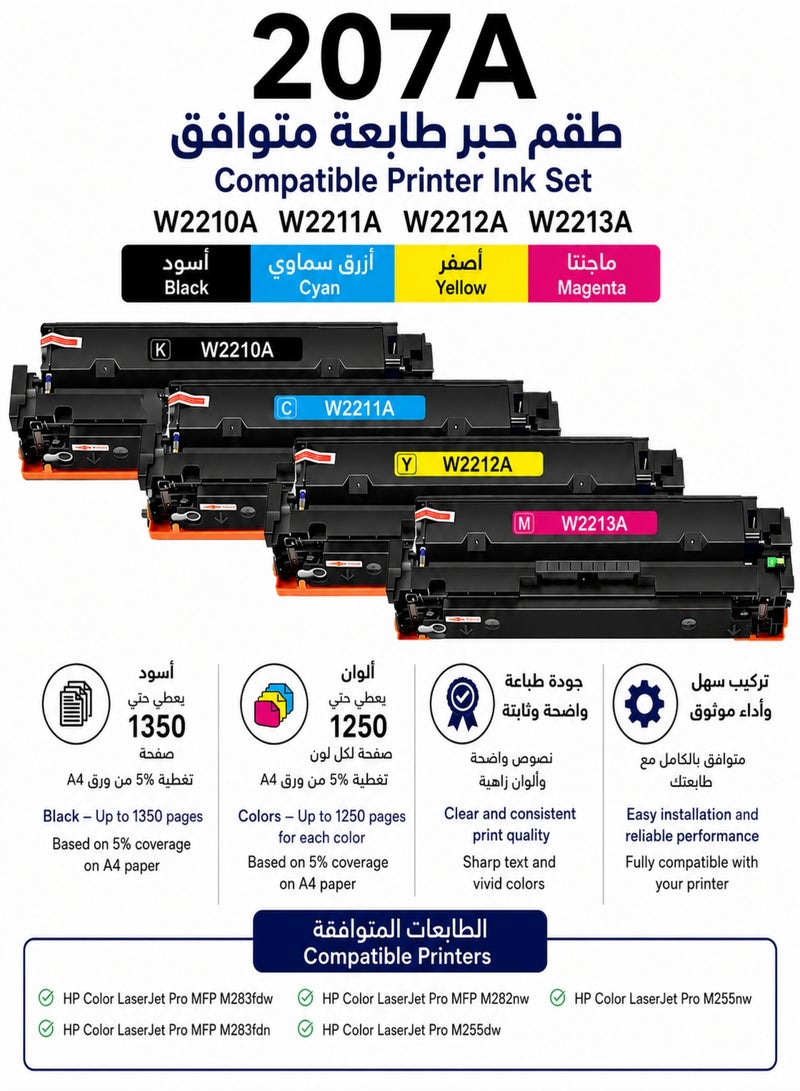 Compatible Printer Ink Set for HP Color LaserJet Pro MFP M283fdw Compatible with 207A W2210A W2211A W2212A W2213A, 4 Colors Black Cyan Yellow Magenta - Image 4