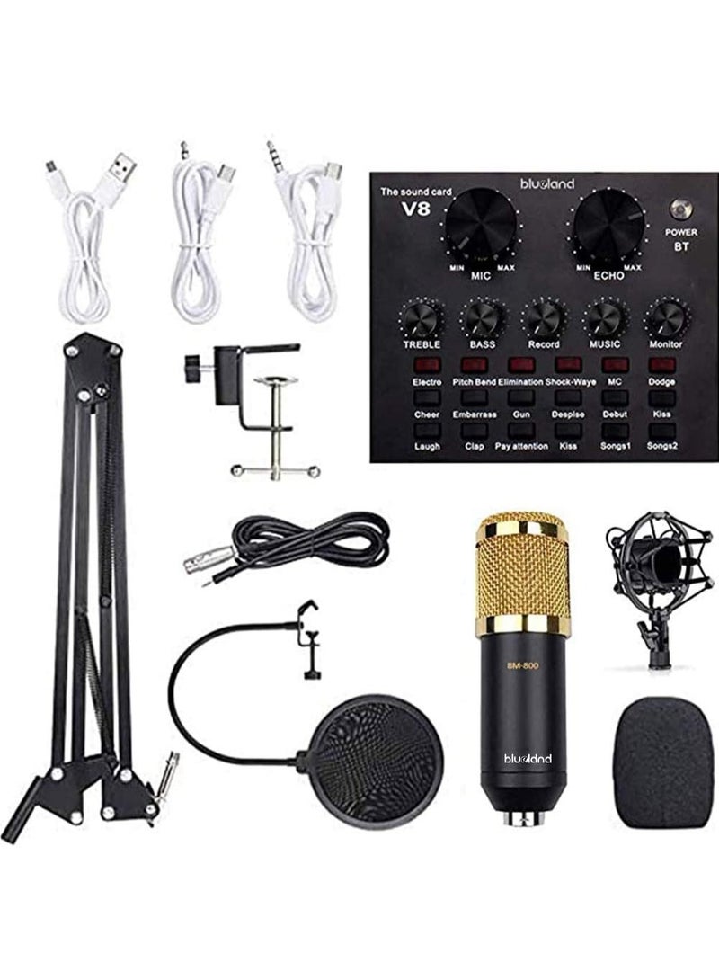MUNTAQI بطاقة صوت حية ومجموعة ميكروفون مكثف BM800 - مجموعة ميكروفون احترافية للتسجيل والبث مع ذراع تعليق، خلاط صوت ذكي، واجهة صوتية لجهاز الكمبيوتر/الحاسوب، البودكاست، البث المباشر، الصوت الحي - Image 1