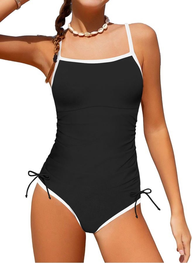 TyeSmo Girls Swimsuit One Piece Bathing Suit Color Block Strap Swimwear Drawstring Swimsuits for Teens 9-16Y with Padded, Black, 9-10 Years - Image 1
