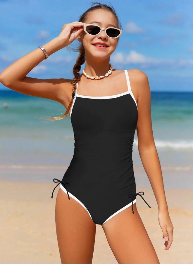 TyeSmo Girls Swimsuit One Piece Bathing Suit Color Block Strap Swimwear Drawstring Swimsuits for Teens 9-16Y with Padded, Black, 9-10 Years - Image 4