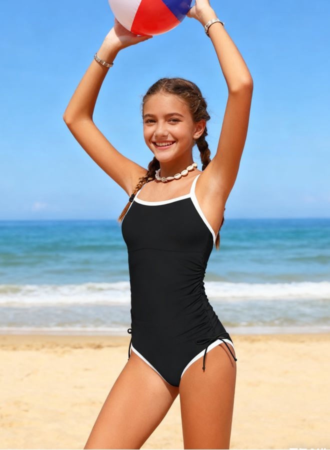 TyeSmo Girls Swimsuit One Piece Bathing Suit Color Block Strap Swimwear Drawstring Swimsuits for Teens 9-16Y with Padded, Black, 9-10 Years - Image 3
